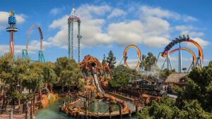 skyline view of amusement park roller coasters at Knotts Berry Farm in Los Angeles, California, USA